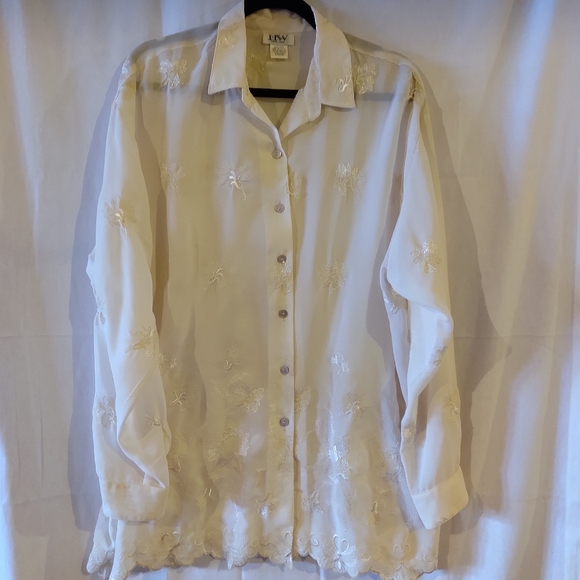 HW New York Women's Cream Sheer Dressy Button Down Blouse Size L - Picture 12 of 12